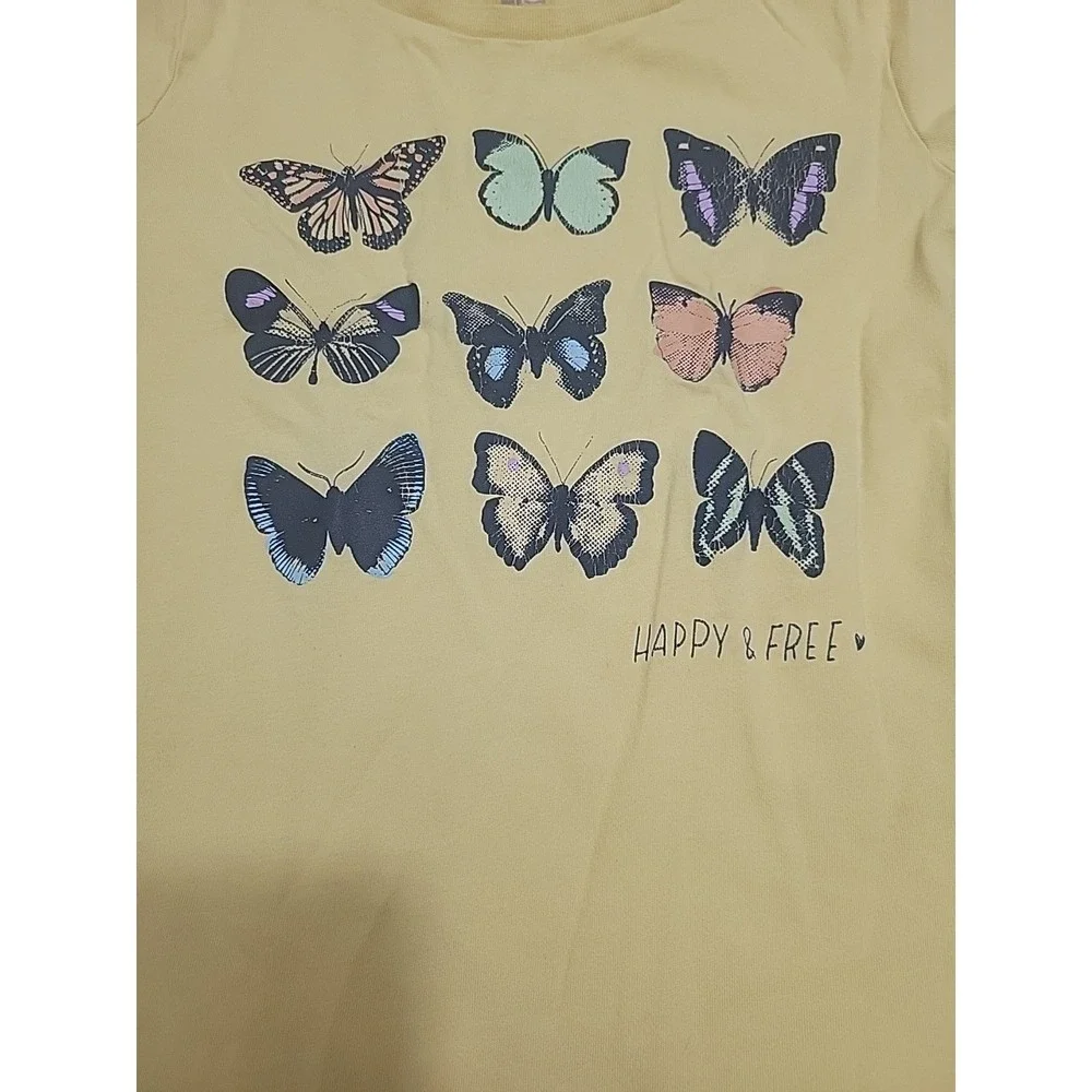 OshKosh B'gosh Girls Yellow Butterfly Graphic Tee Shirt Happy & Free Size 7